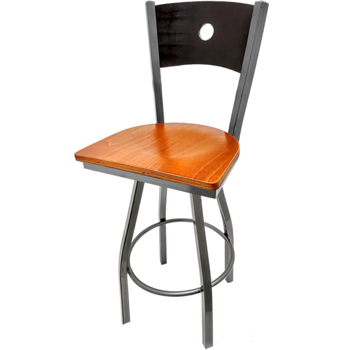 Bullseye wood back barstool with clear coat swivel frame, black back and cherry wood seat