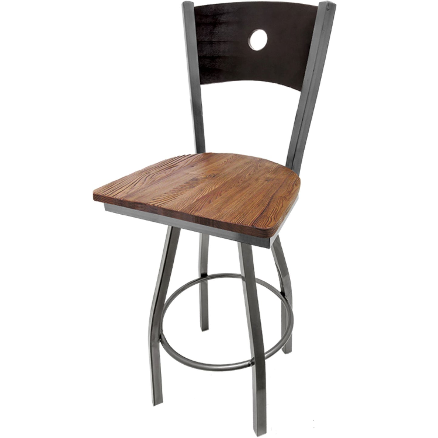 Bullseye wood back barstool with clear coat swivel frame, black back and reclaimed wood seat