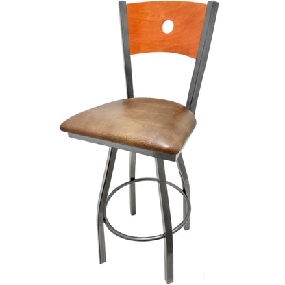 Bullseye wood back barstool with clear coat swivel frame, cherry back and buckskin vinyl seat