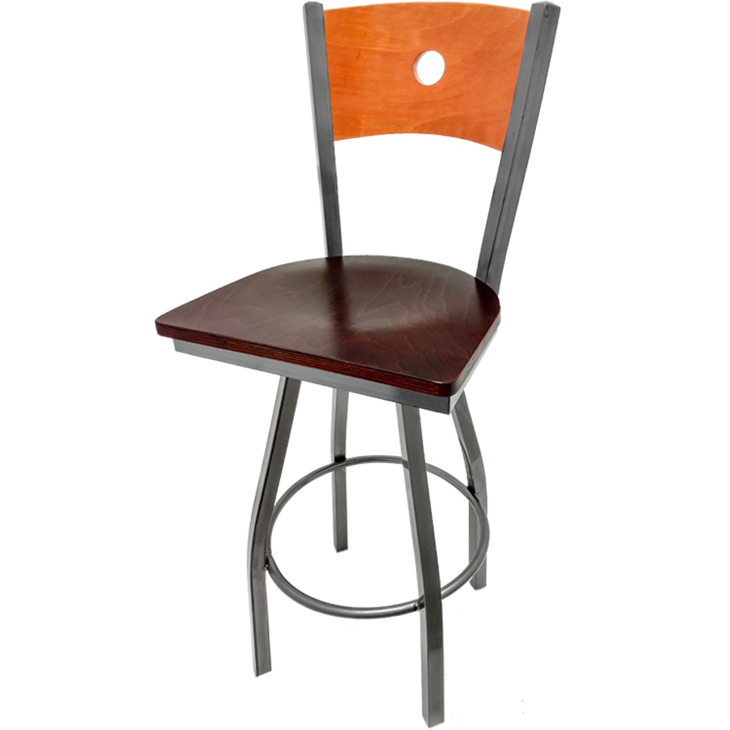Bullseye wood back barstool with clear coat swivel frame, cherry back and mahogany wood seat