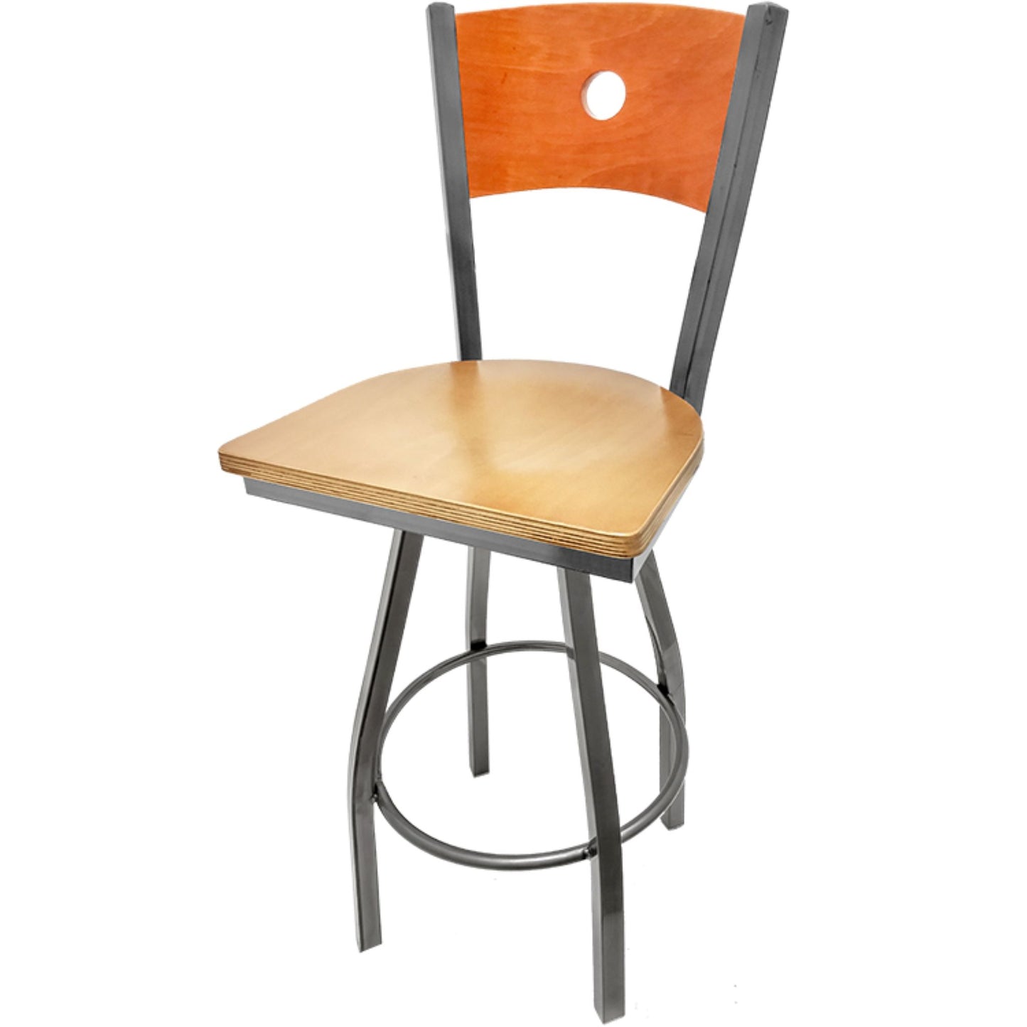 Bullseye wood back barstool with clear coat swivel frame, cherry back and natural wood seat