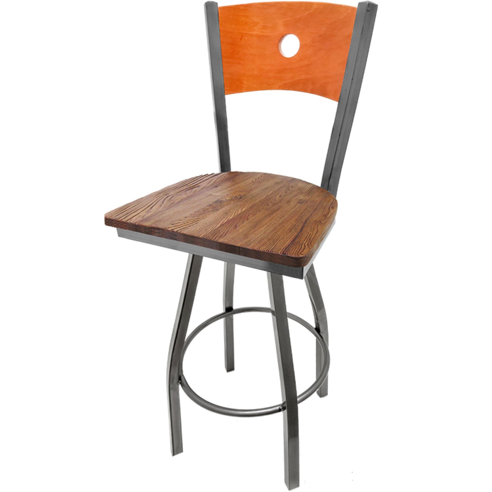 Bullseye wood back barstool with clear coat swivel frame, cherry back and reclaimed wood seat