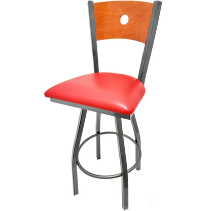 Bullseye wood back barstool with clear coat swivel frame, cherry back and red vinyl seat
