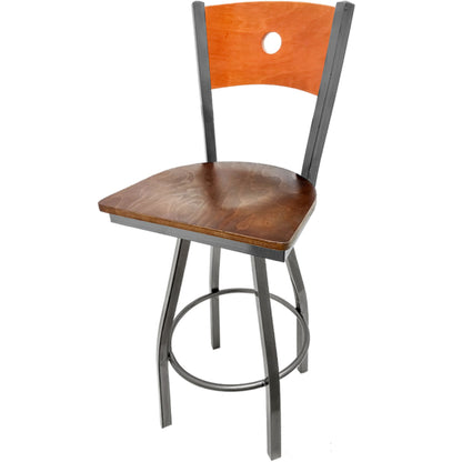 Bullseye wood back barstool with clear coat swivel frame, cherry back and walnut wood seat