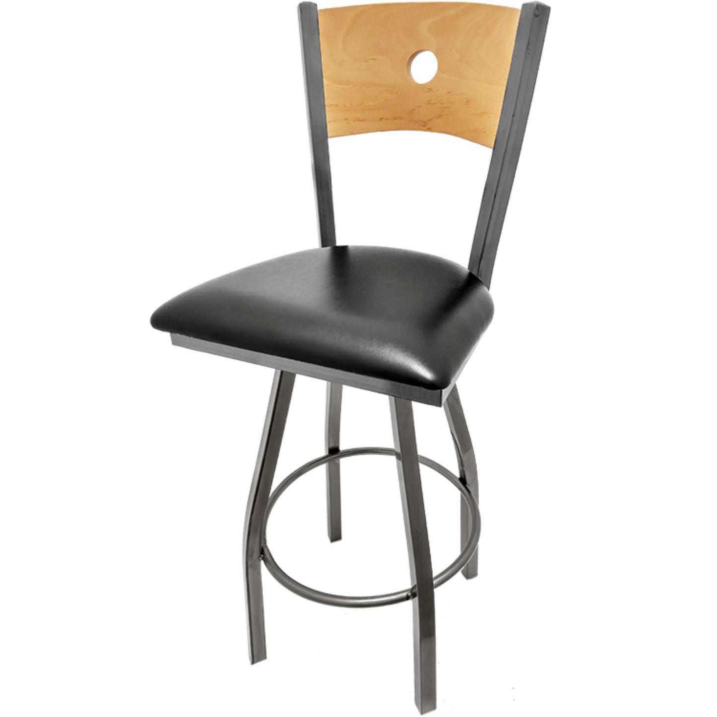 Bullseye wood back barstool with clear coat back and black vinyl seat