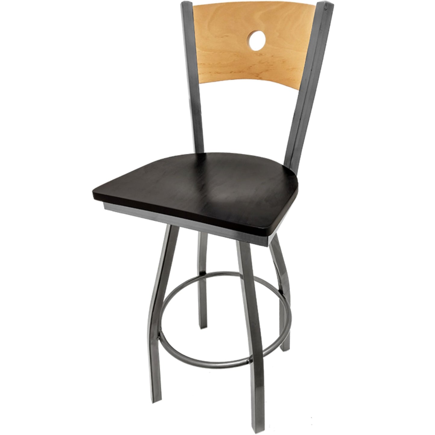 Bullseye wood back barstool with clear coat back and black stain wood seat