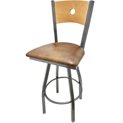 Bullseye wood back barstool with clear coat back and buckskin vinyl seat