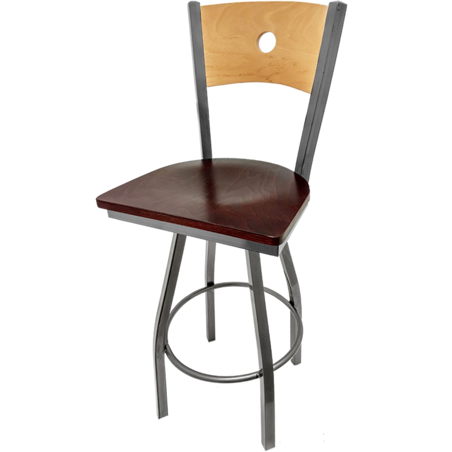 Bullseye wood back barstool with clear coat back and mahogany wood seat