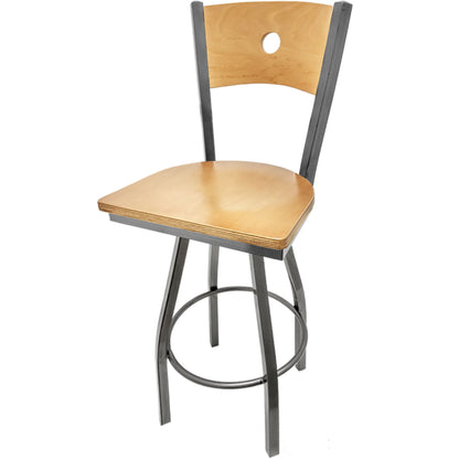 Bullseye wood back barstool with clear coat back and natural wood seat