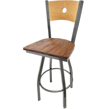 Bullseye wood back barstool with clear coat back and reclaimed wood seat