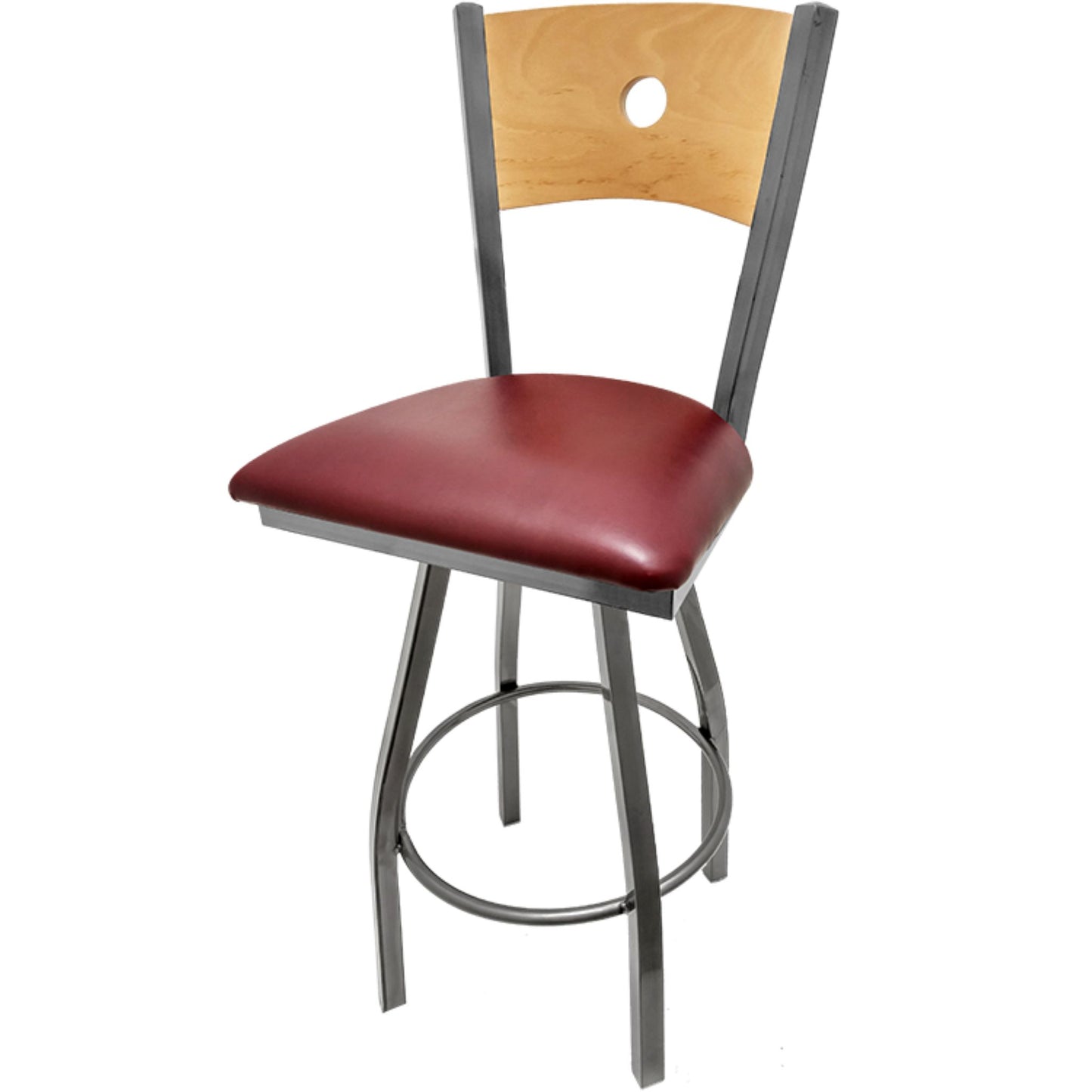 Bullseye wood back barstool with clear coat back and wine vinyl seat