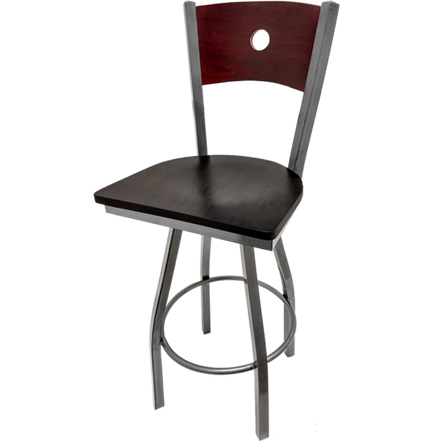 Bullseye wood back barstool with clear coat swivel frame, mahogany back and black stain wood seat