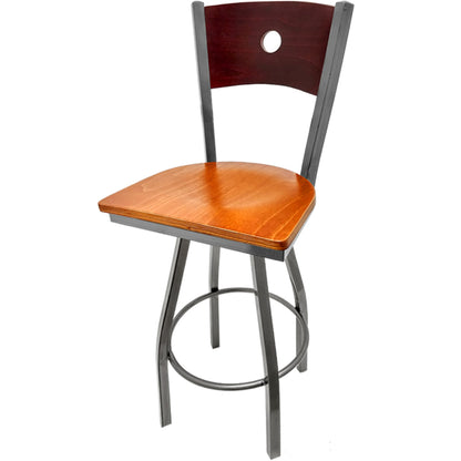 Bullseye wood back barstool with clear coat swivel frame, mahogany back and cherry wood seat