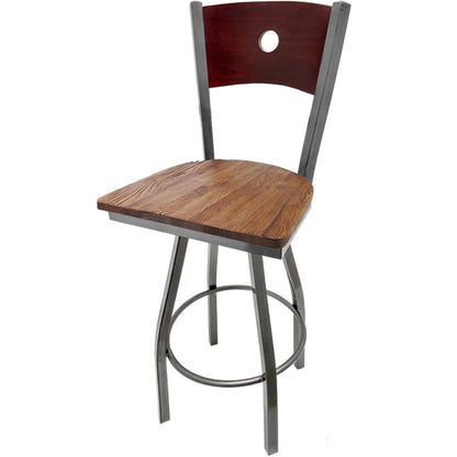 Bullseye wood back barstool with clear coat swivel frame, mahogany back and reclaimed wood seat