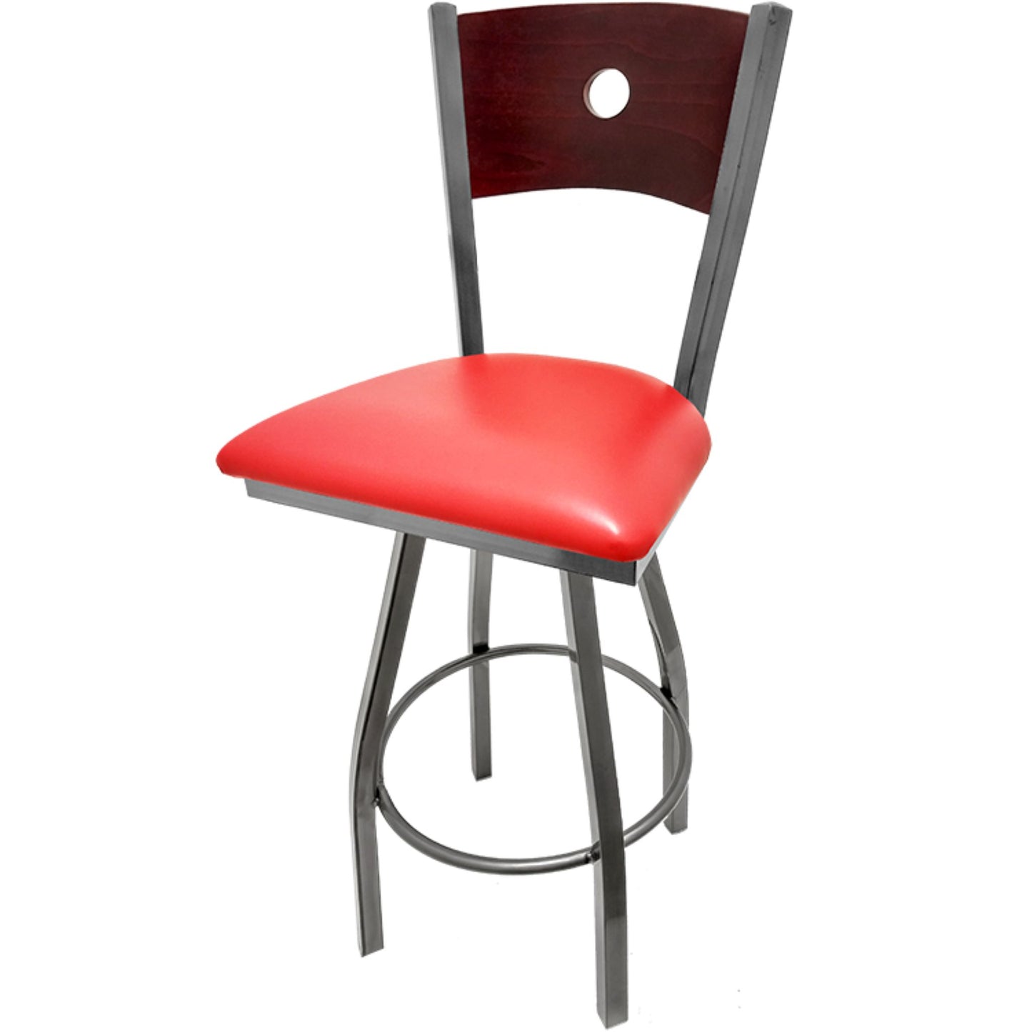 Bullseye wood back barstool with clear coat swivel frame, mahogany back and red vinyl seat