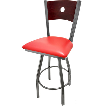 Bullseye wood back barstool with clear coat swivel frame, mahogany back and red vinyl seat