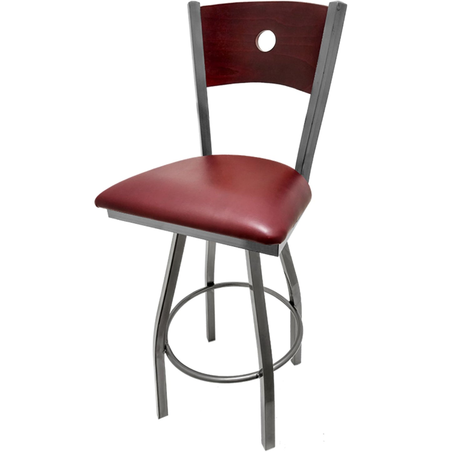 Bullseye wood back barstool with clear coat swivel frame, mahogany back and wine vinyl seat