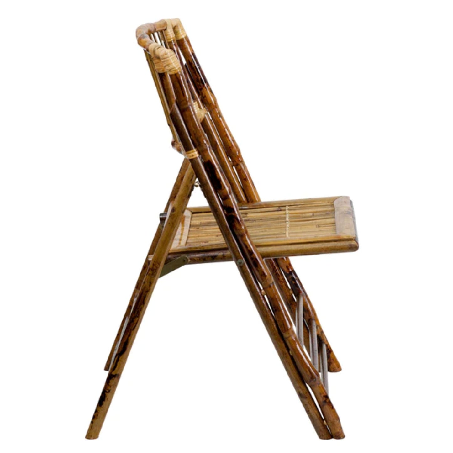 Side view of natural bamboo folding chair showing foldable frame and contoured backrest.