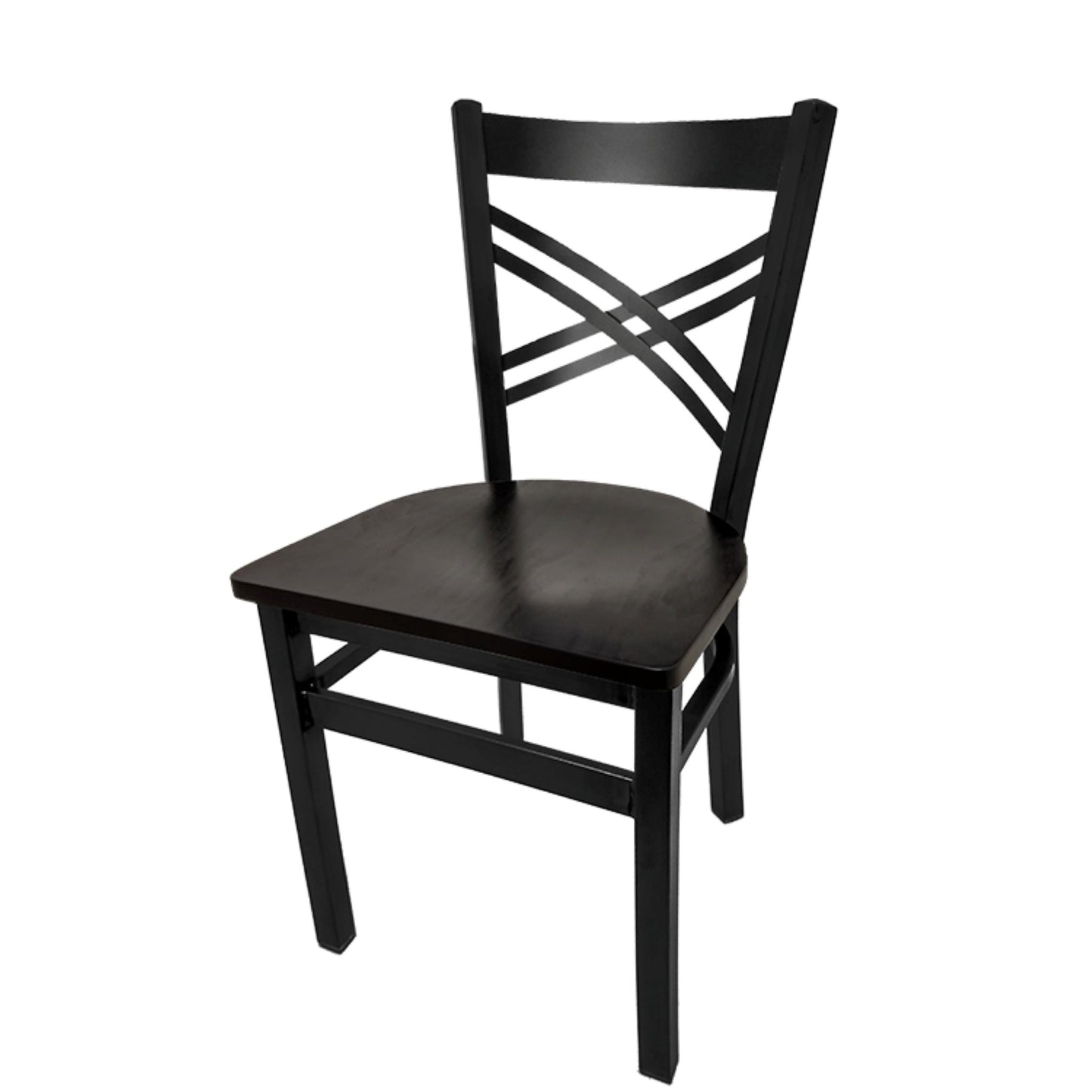 Crossback dining chair with black powder-coated steel frame and black stained solid wood seat.