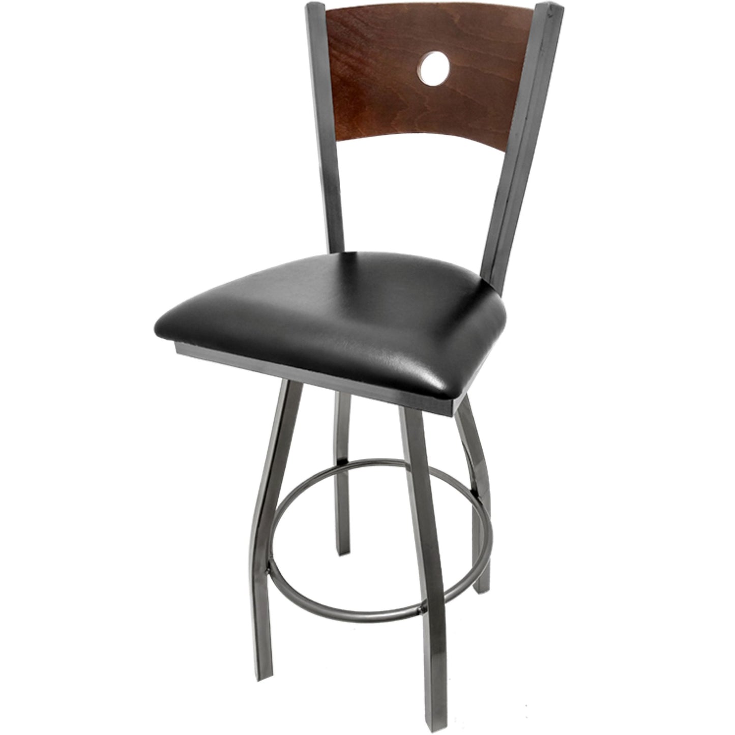 Bullseye wood back barstool with clear coat swivel frame, walnut back and black vinyl seat