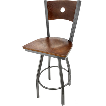 Bullseye wood back barstool with clear coat swivel frame, walnut back and walnut wood seat