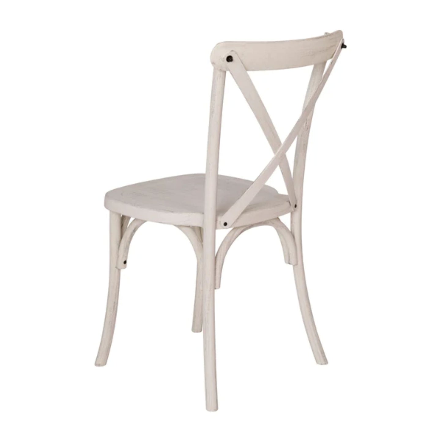 back view of white resin X-back chair showing contoured seat and classic farmhouse backrest.