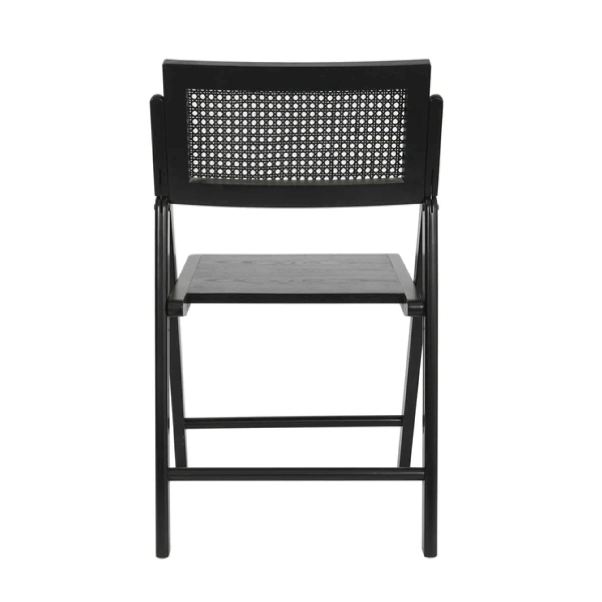 Back view of cane rattan folding chair with black solid wood frame, wood seat, and breathable woven cane back.