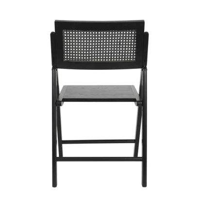 Back view of cane rattan folding chair with black solid wood frame, wood seat, and breathable woven cane back.