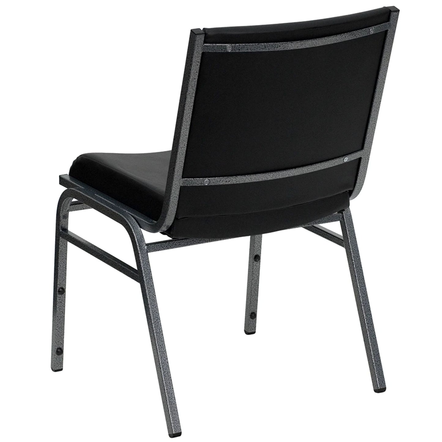 Stacking chair with oak frame and silver vein steel base featuring contoured black vinyl cushions, back view.