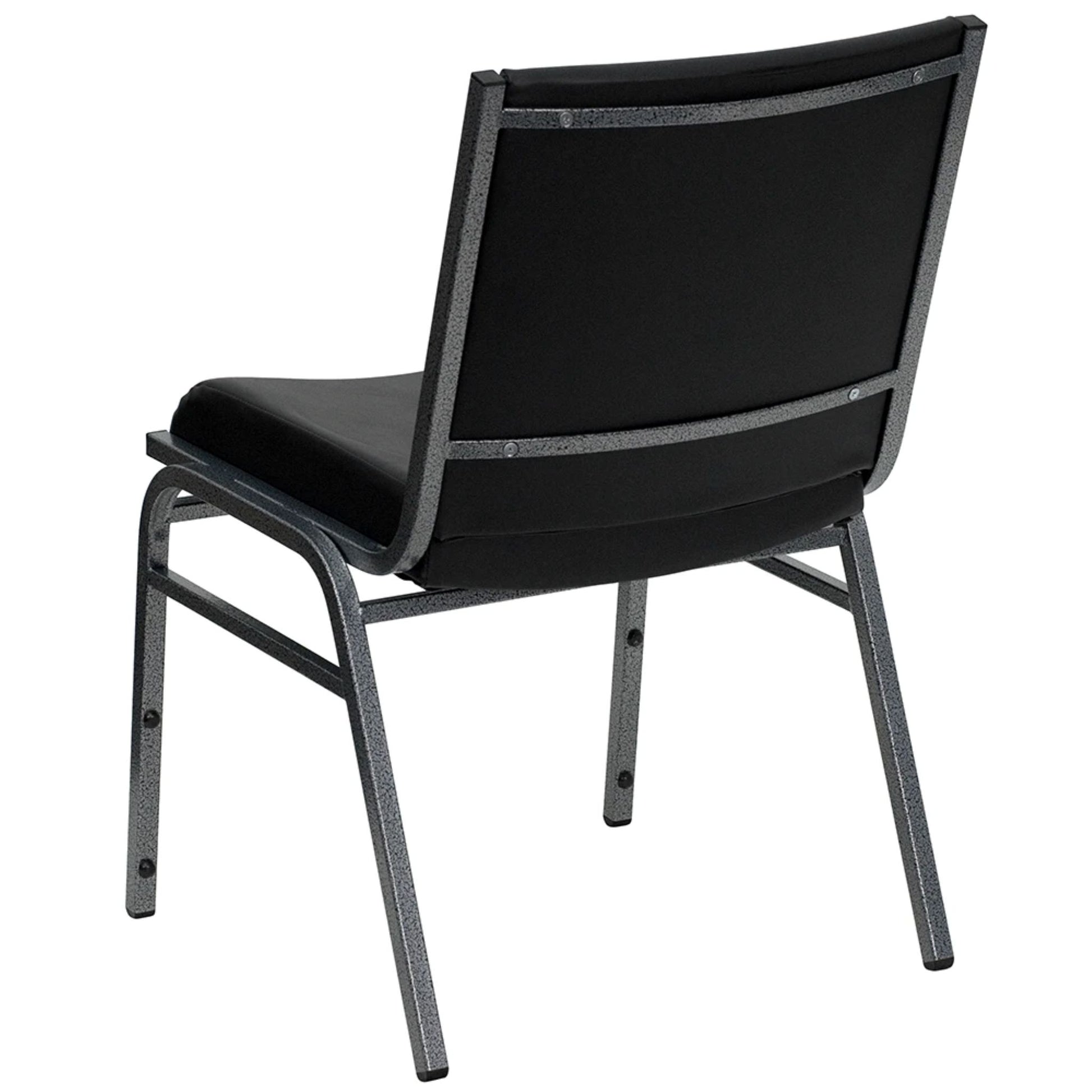Stacking chair with oak frame and silver vein steel base featuring contoured black vinyl cushions, back view.