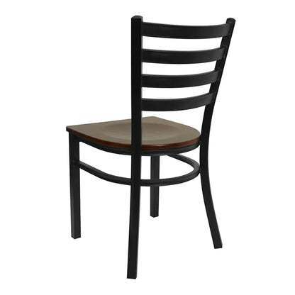 Side view of ladder-back dining chair featuring a walnut wood seat and black steel frame.