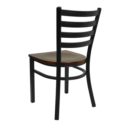 Side view of ladder-back dining chair featuring a walnut wood seat and black steel frame.