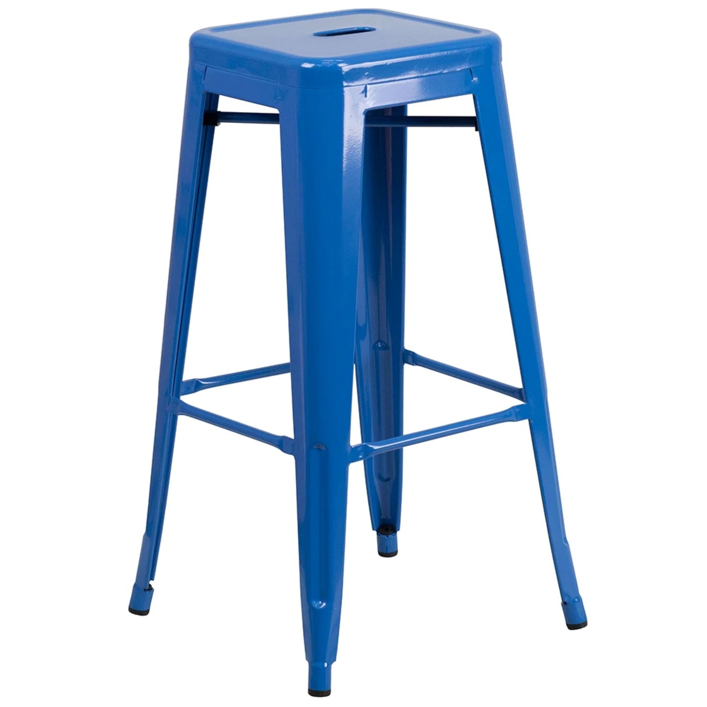 30-inch backless metal bar stool in blue with footrest and drain hole seat