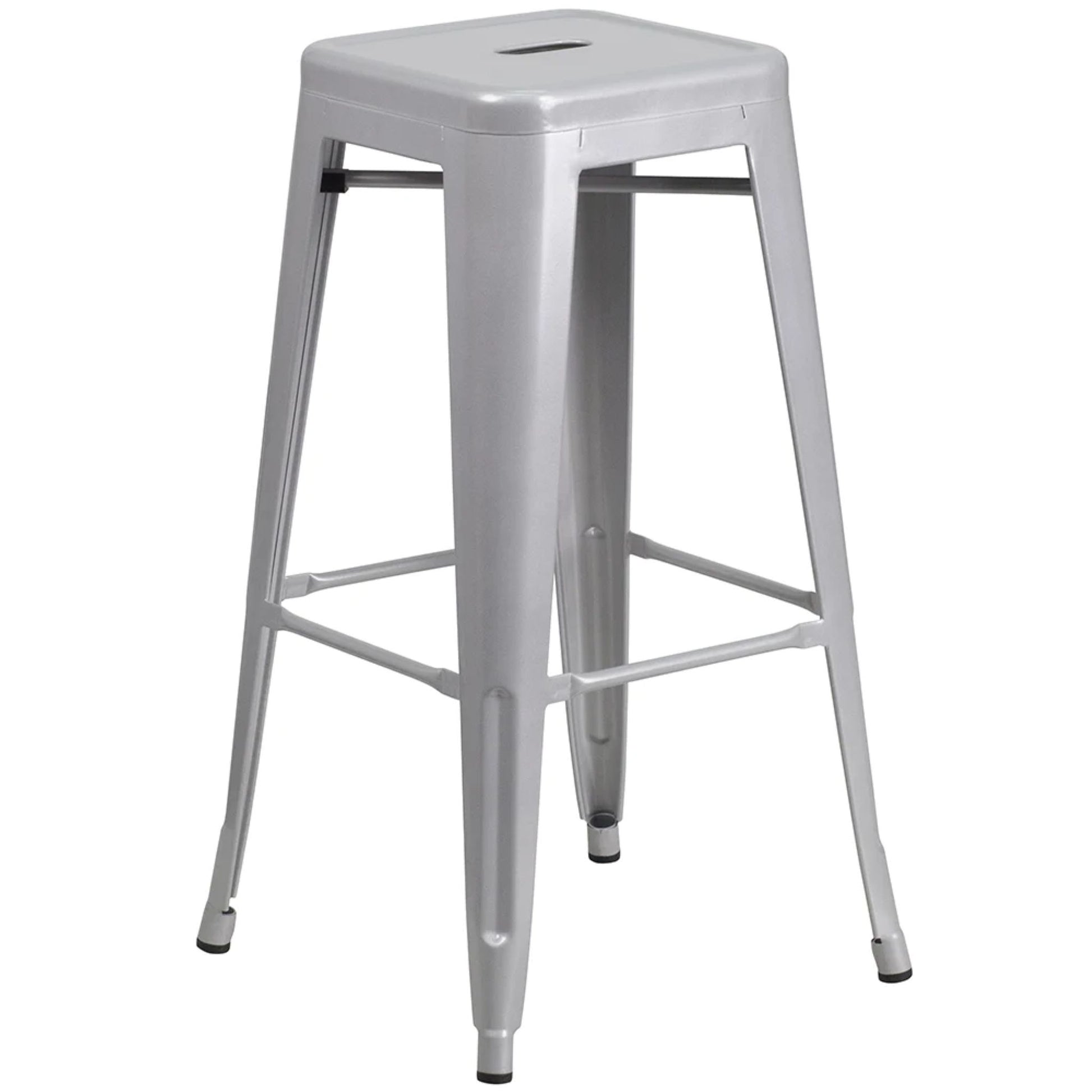 30-inch backless metal bar stool in silver with footrest and drain hole seat