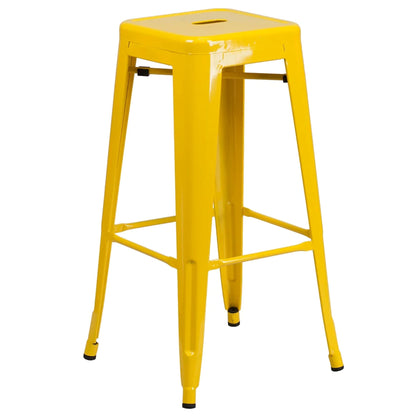 30-inch backless metal bar stool in yellow with footrest and drain hole seat