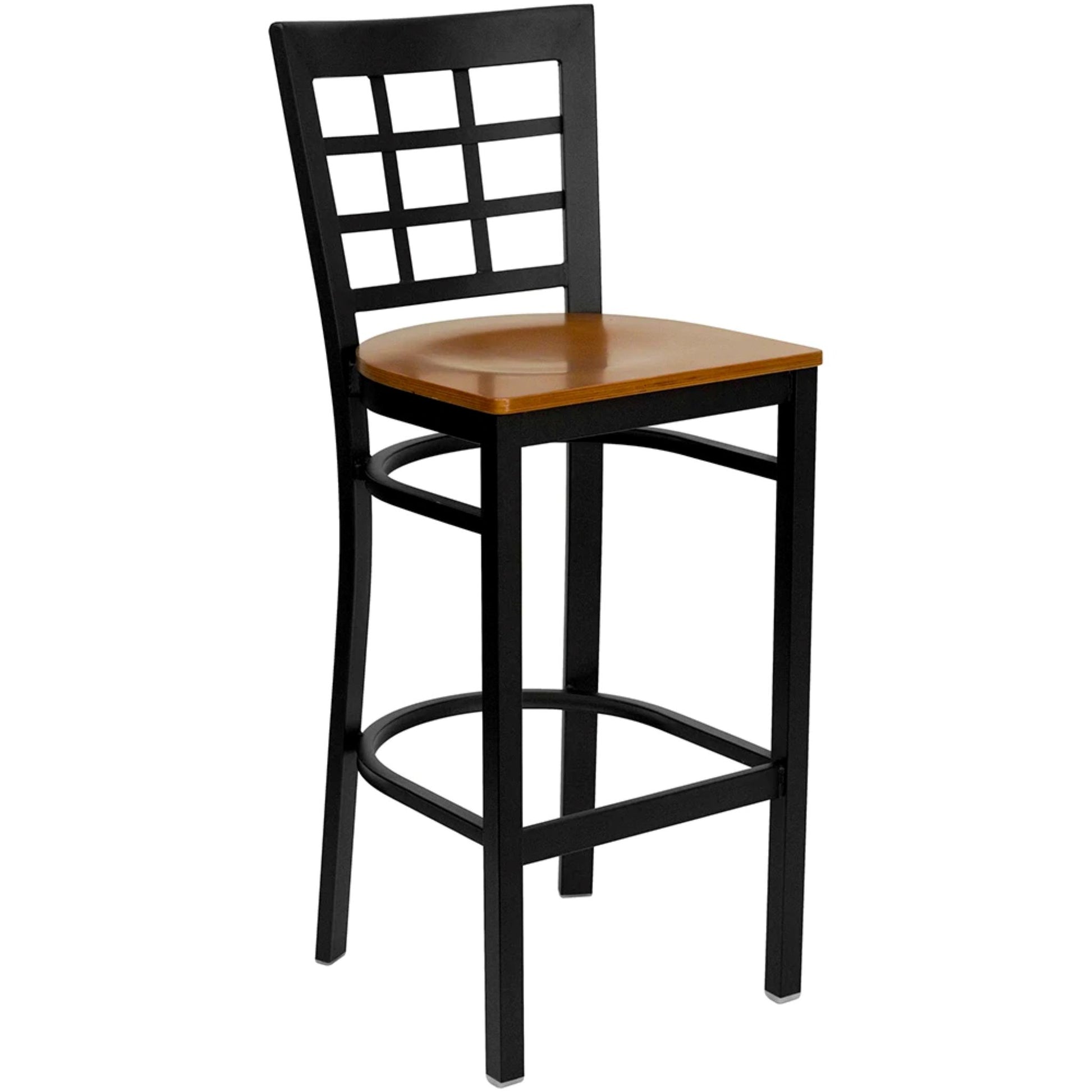 Commercial window pane back bar stool with cherry plywood seat and black metal frame