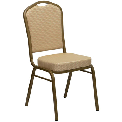Crown back banquet chair with beige  fabric upholstery and a gold frame.
