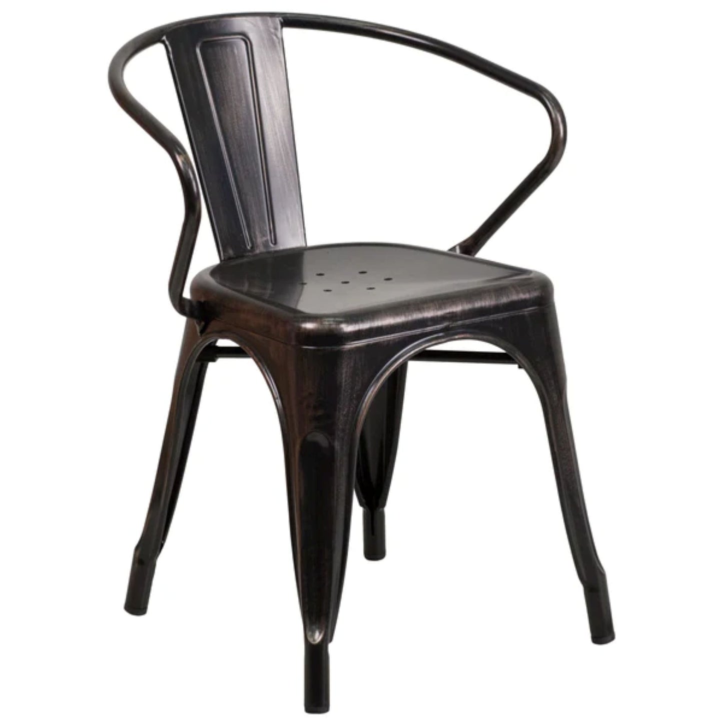 Black metal arm chair with antique gold accents, vertical slat back, and stackable outdoor-safe frame.