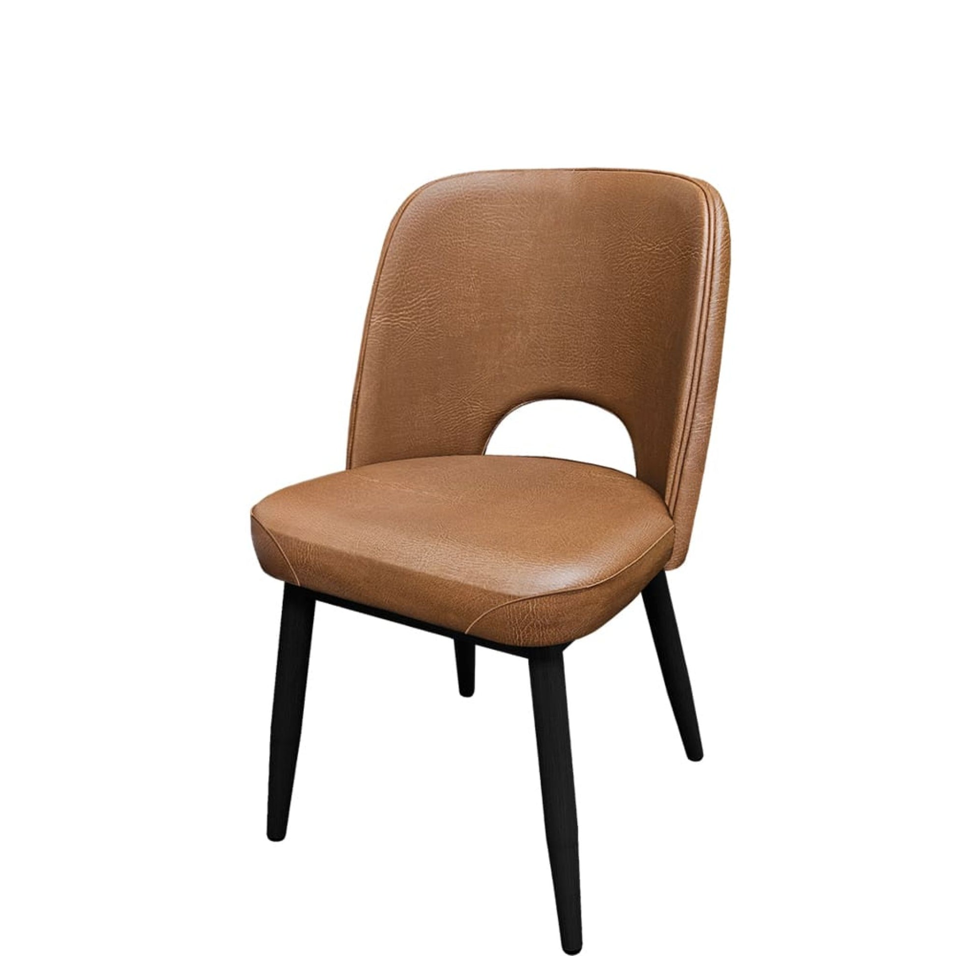 Amata chair with black faux woodgrain metal frame and buckskin vinyl cutout bucket seat.