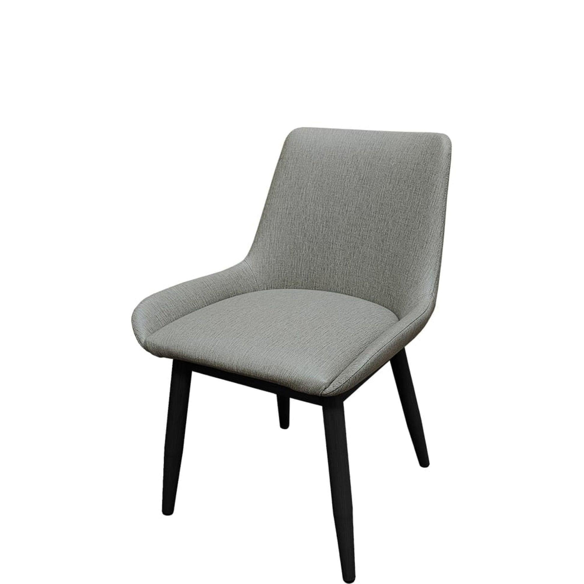 Amata chair with black faux woodgrain metal frame and charcoal vinyl bucket seat.