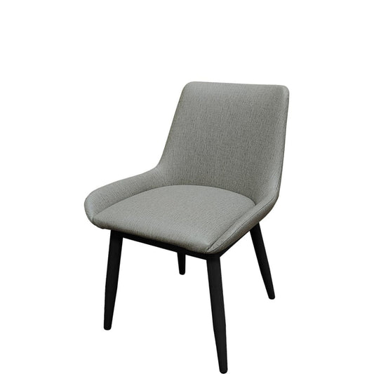 Amata chair with black faux woodgrain metal frame and charcoal vinyl bucket seat.