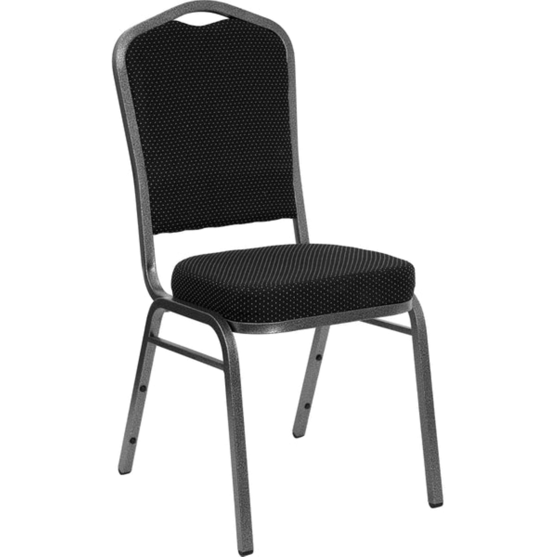 Crown back banquet chair with black  dot patterned upholstery and a silver steel frame.