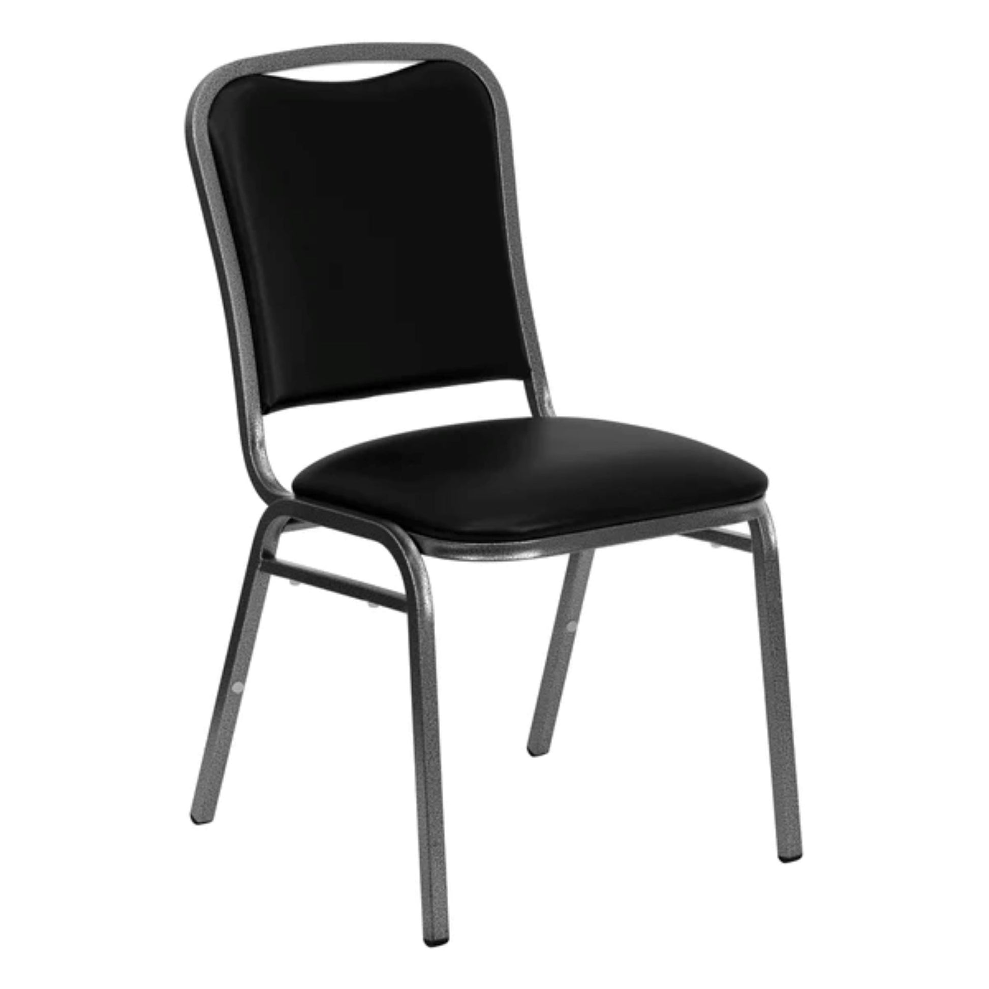 Front view of commercial stacking banquet chair with vinyl padded seat and steel frame, designed for event seating