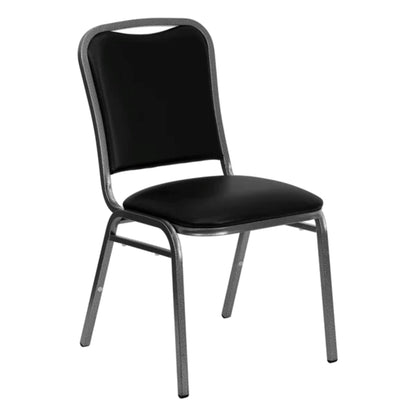 Front view of commercial stacking banquet chair with vinyl padded seat and steel frame, designed for event seating