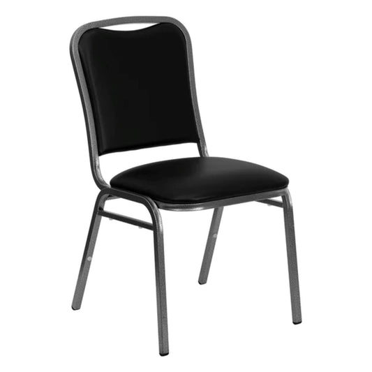 Front view of commercial stacking banquet chair with vinyl padded seat and steel frame, designed for event seating