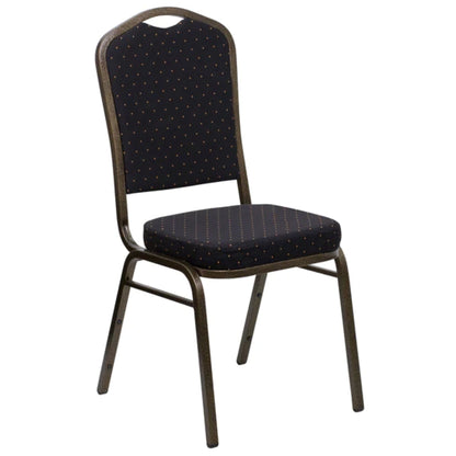 Crown back banquet chair with black patterned fabric upholstery and a gold frame
