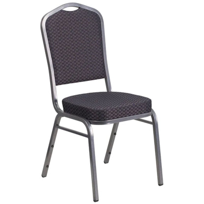 Crown back banquet chair with black patterned fabric upholstery and a silver steel frame.