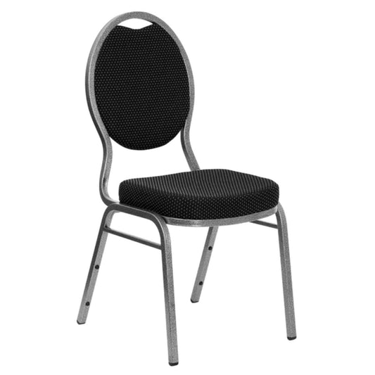 Front view of teardrop back banquet chair with black patterned fabric upholstery and copper metal frame