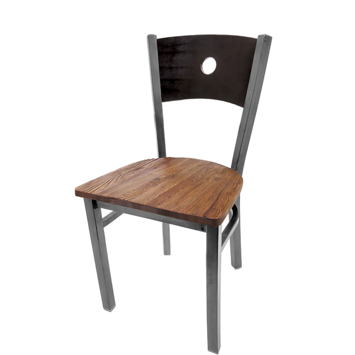 Dining chair with black wood back and reclaimed wood seat.