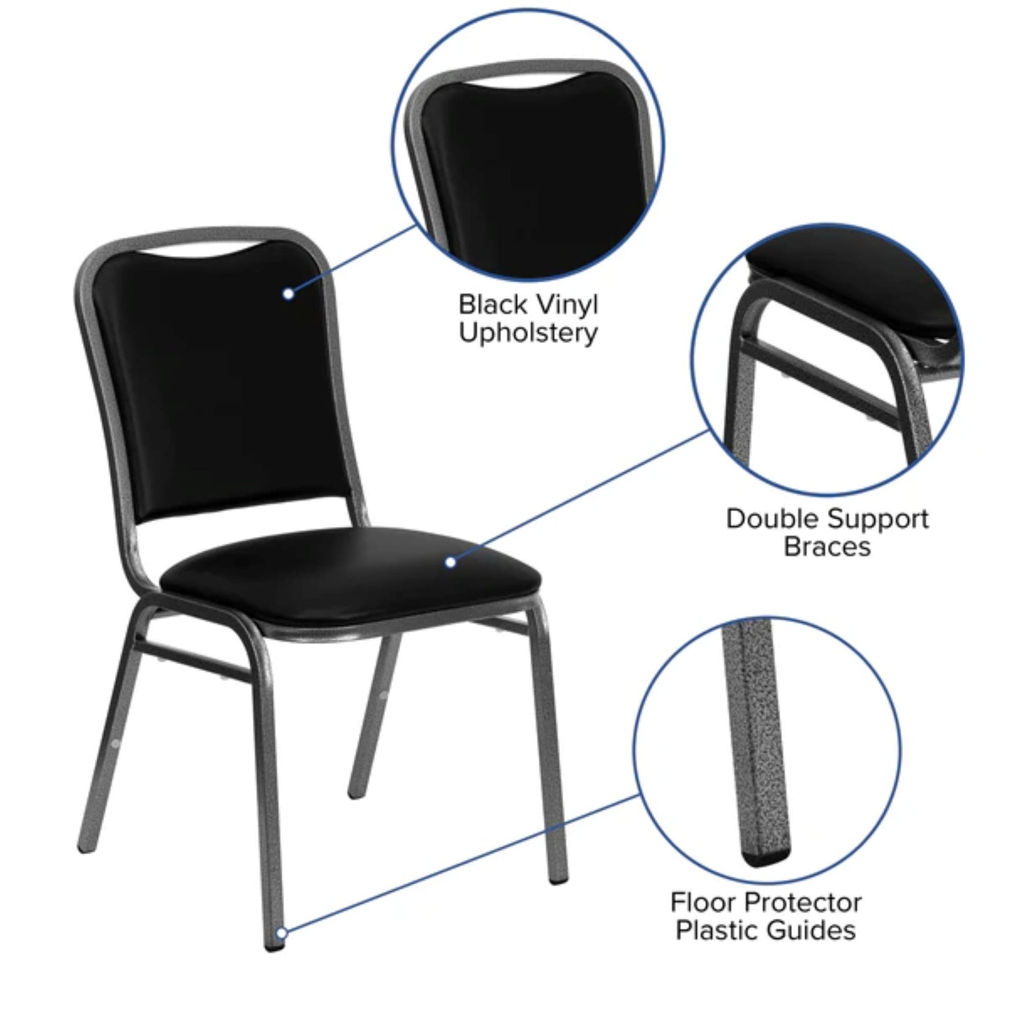 Front view of commercial stacking banquet chair with vinyl padded seat and steel frame, designed for event seating with product feature highlights 